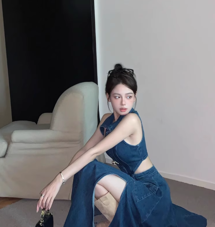 Retro sister style high-end long slim lapel denim skirt hot girl sexy waist sleeveless vest dress R0414