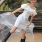 French white one-shoulder simple banquet birthday party short evening dress homecoming dress R2973