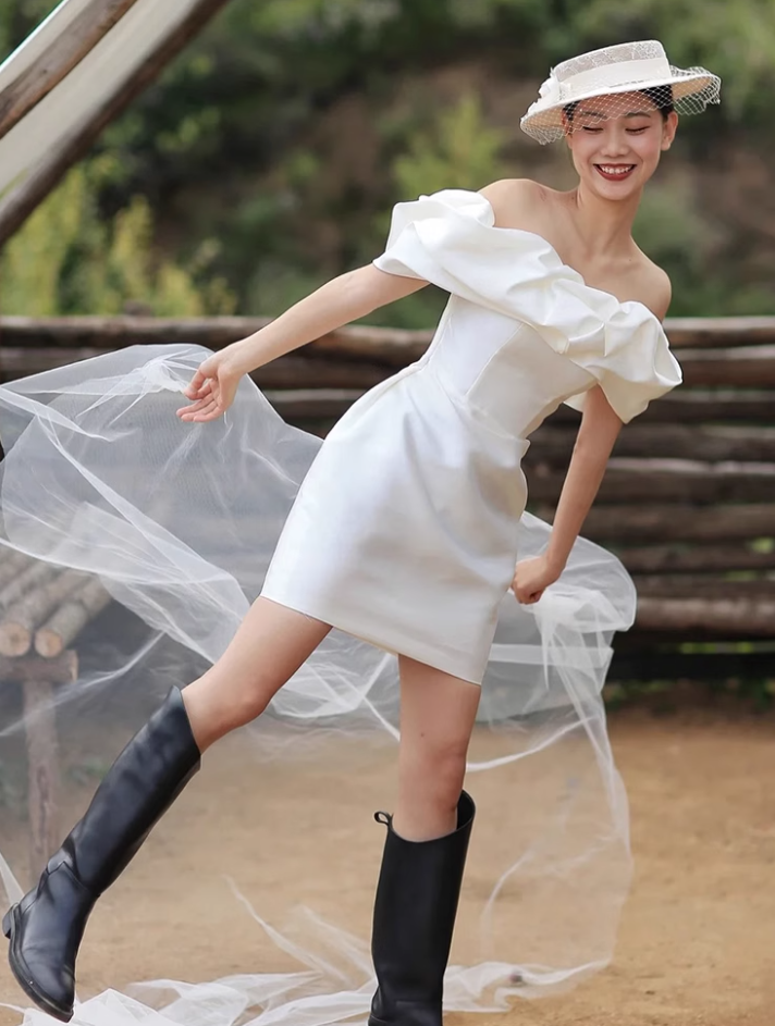 French white one-shoulder simple banquet birthday party short evening dress homecoming dress R2973