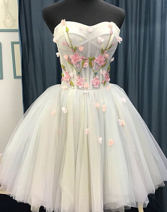 Elegant White A-Line Strapless Applique Tulle Corset Mini Homecoming Dress RS744