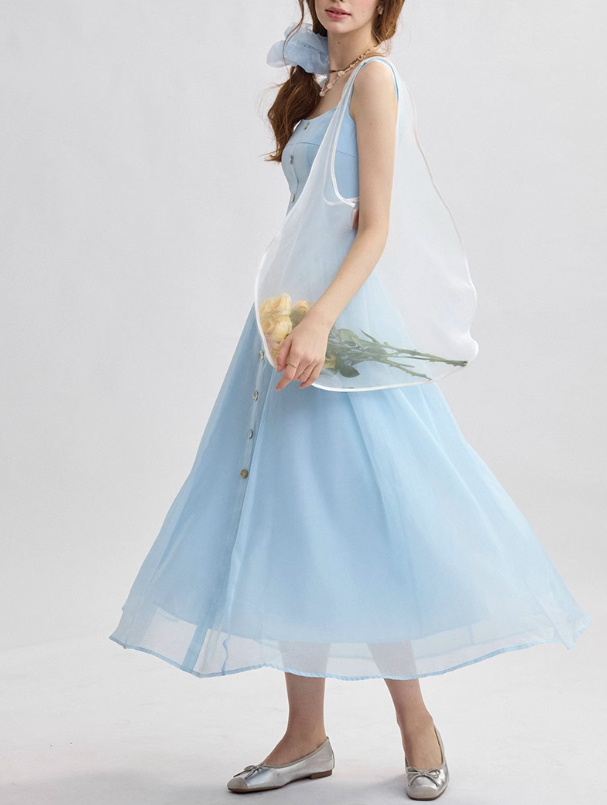 French suspender skirt blue dress sweet style long skirt R2693