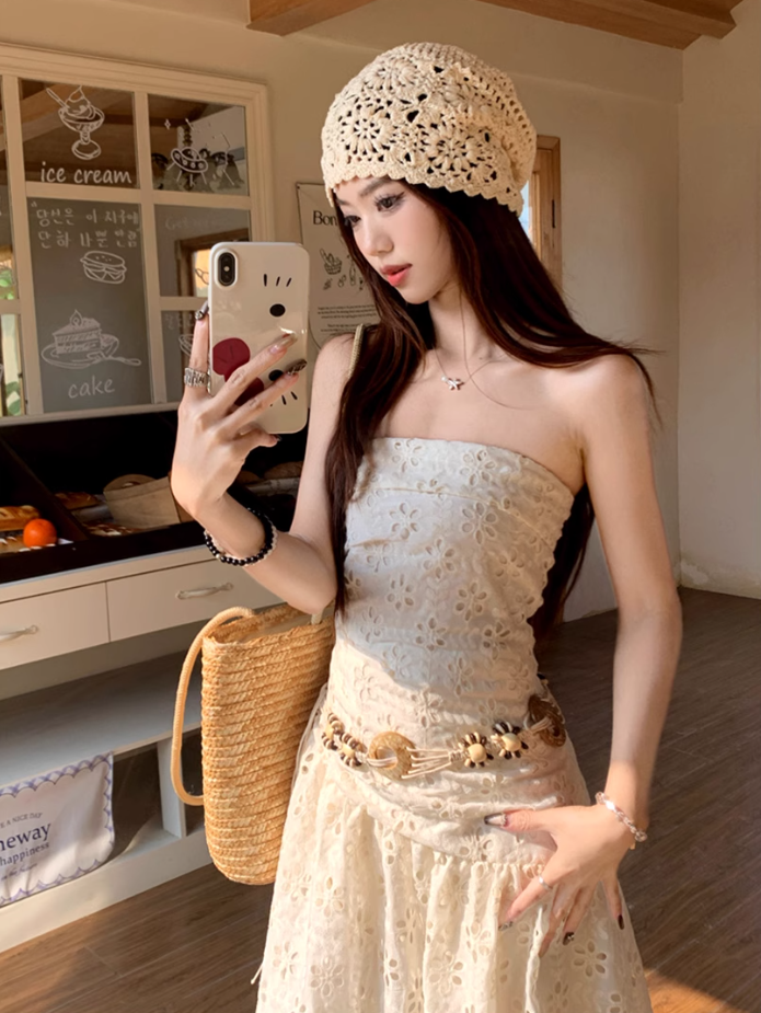 Gentle white moonlight dress hollow embroidery unique waist skirt wear tube top skirt R1704