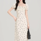 French polka dot square neck puff sleeve dress new style waist slim fit hip long skirt R2391