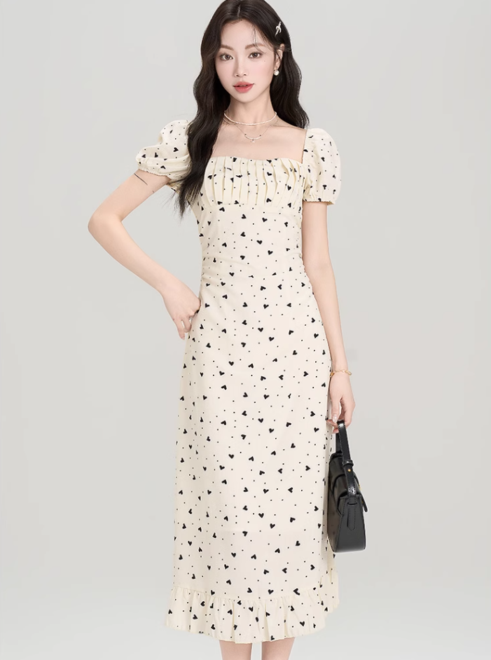 French polka dot square neck puff sleeve dress new style waist slim fit hip long skirt R2391