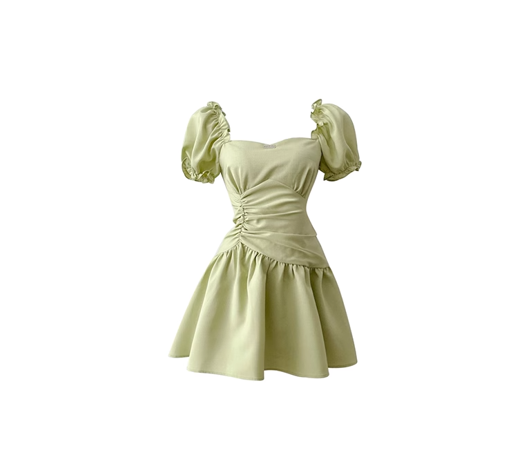 Green square neck short-sleeved dress high-end French pleated waist ruffle skirt R0084
