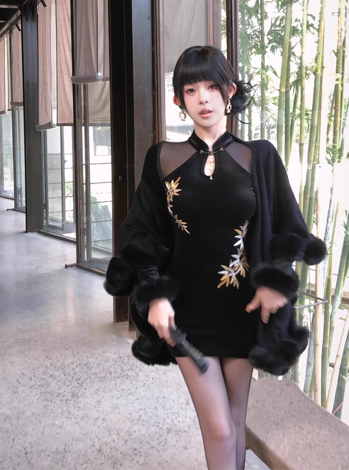 Retro New Chinese Dress 2025 Lace Backless Waist Hip Short Skirt R1257