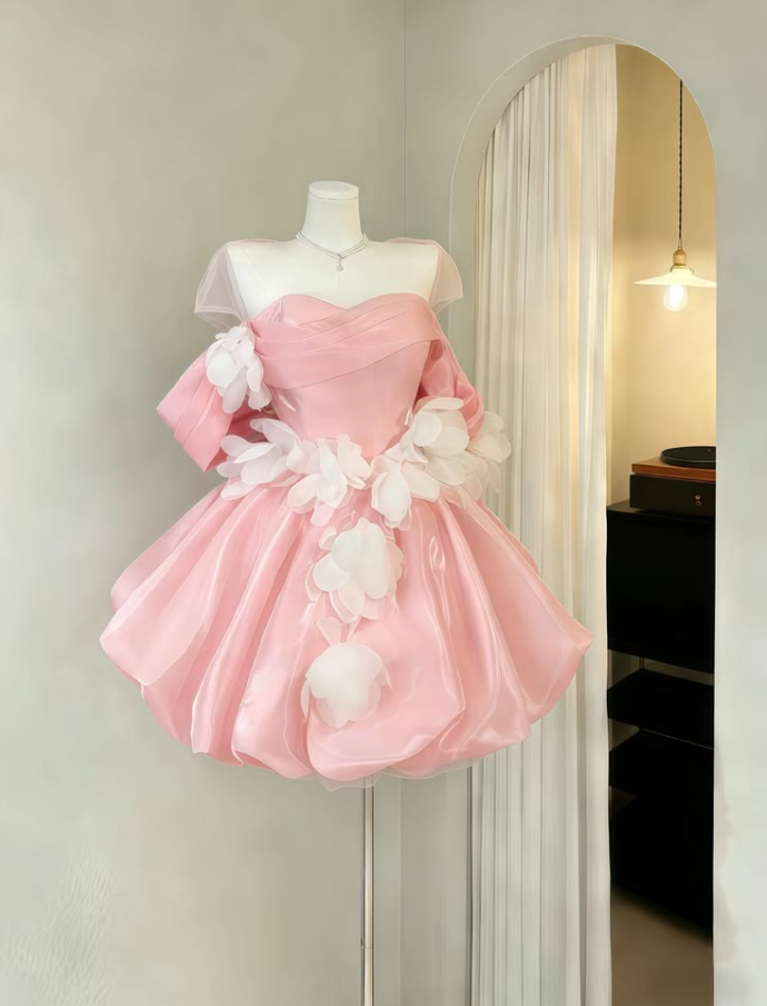 Elegant Pink Homecoming Dress A-Line Off-the-shoulder Applique Corset Mini Birthday Dress RS747