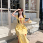 Long ruffled square neck waist dress for women summer French temperament A-line skirt R4744