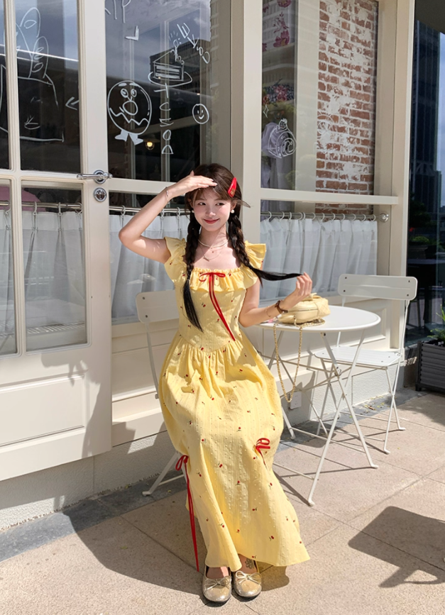 Long ruffled square neck waist dress for women summer French temperament A-line skirt R4744