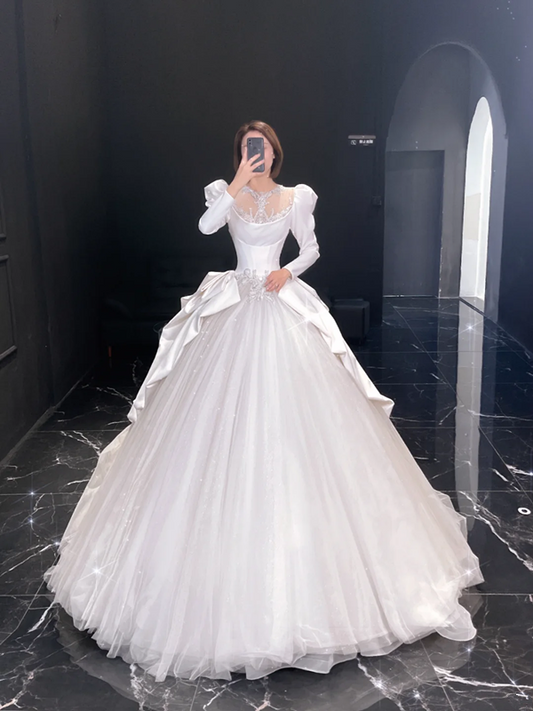 White satin classic elegant waist slim fit puffy skirt tulle bridal dress R6025