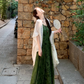 Dark green jacquard dress retro Chinese style suspender long skirt plus cardigan two-piece set R1736