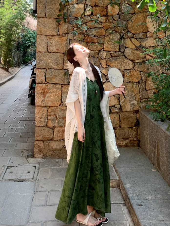 Dark green jacquard dress retro Chinese style suspender long skirt plus cardigan two-piece set R1736