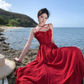 Photo-taking temperament romantic red rose lace-up large waist slimming suspender dress R0188