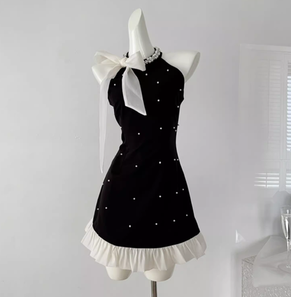 Bowknot halter neck black suspender dress 2025 slim A-line skirt beaded diamond bottoming skirt R0283