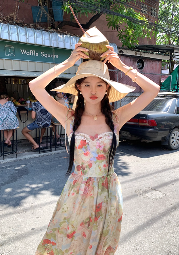 Long Printed Romantic Rose Garden Butterfly Dress Summer French Style Dress R4907