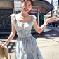Blue long chiffon printed small flying sleeve suspender dress summer French sweet slim skirt R4616