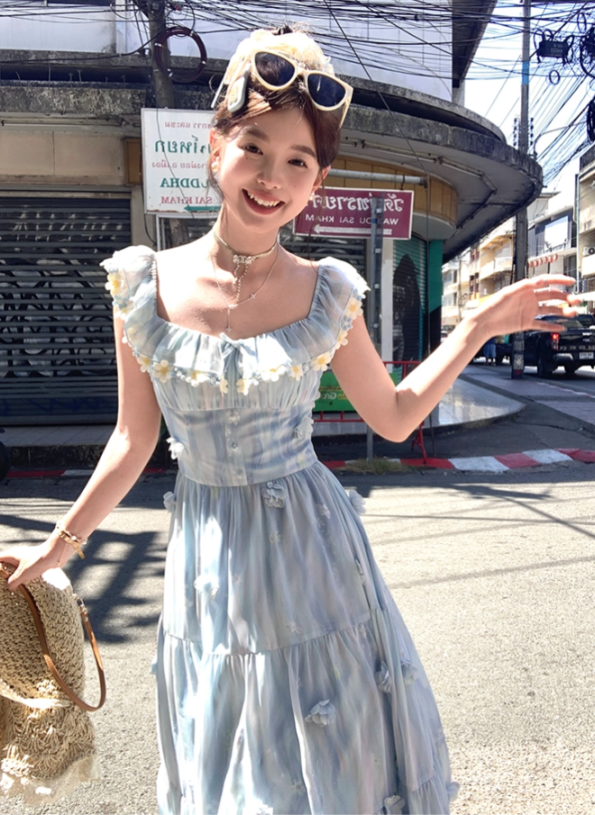 Blue long chiffon printed small flying sleeve suspender dress summer French sweet slim skirt R4616