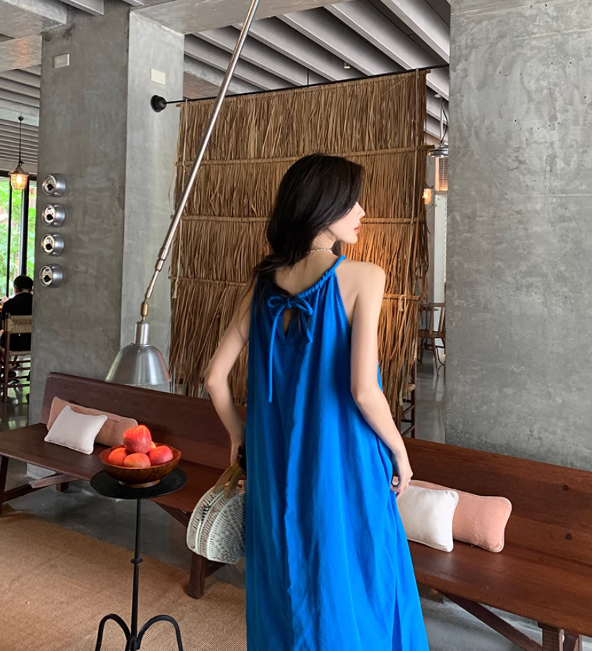 Klein blue sleeveless suspender dress loose lazy style seaside holiday atmosphere dress R1633