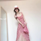 Tea break French pink suspender floral dress seaside vacation unique waist temperament long dress R0422