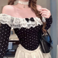 Large size French pure desire one shoulder polka dot top puffy cake skirt slim suit R1850