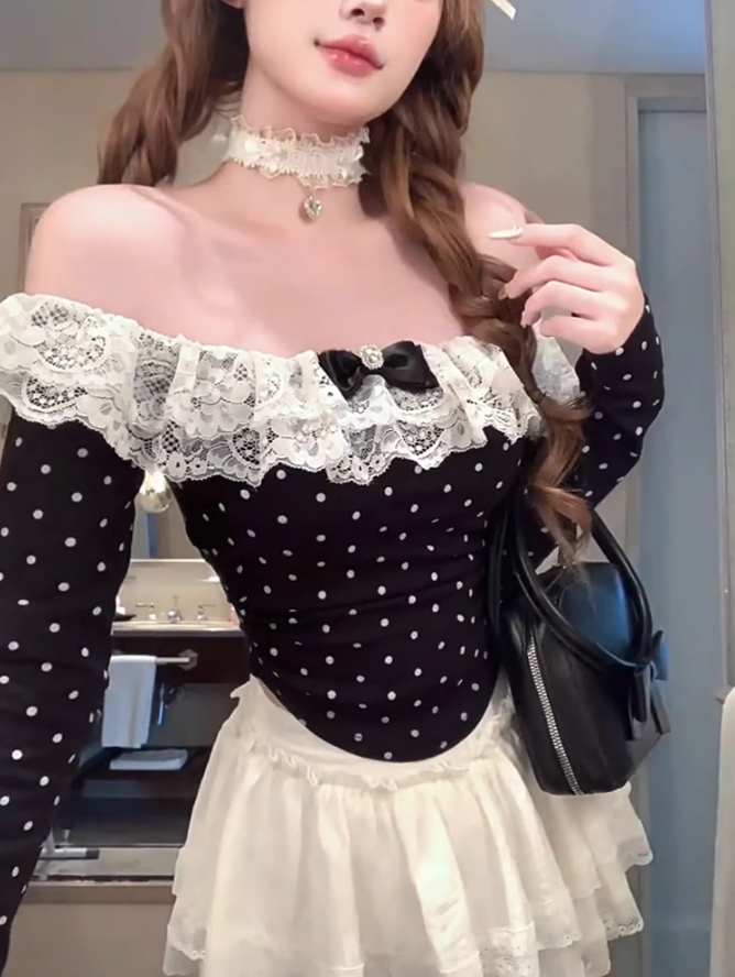 Large size French pure desire one shoulder polka dot top puffy cake skirt slim suit R1850