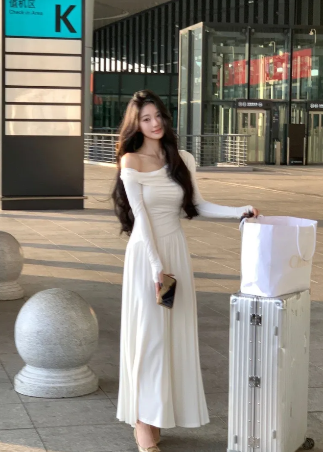 French style off-shoulder dress for women long sleeves white skirt sexy     S5394