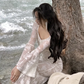 Elegant Midi Dress Women Square Collar Long Sleeve Lace Mermaid Dresses Fashion Robe       S5405