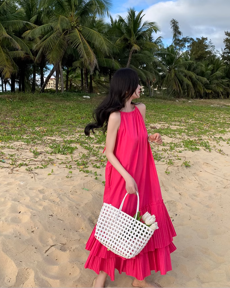 Seaside holiday style rose red white sleeveless dress high-grade layered pleated skirt R1582