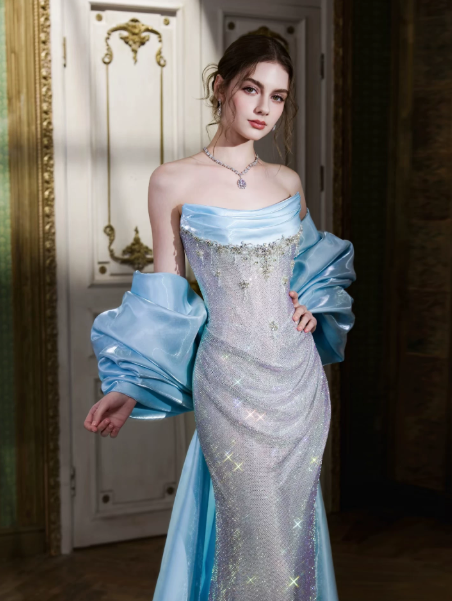 Sparkly Sequins Mermaid Prom Gown , Sliver Women's Maxi Evening Dress Ball Gown RS2726