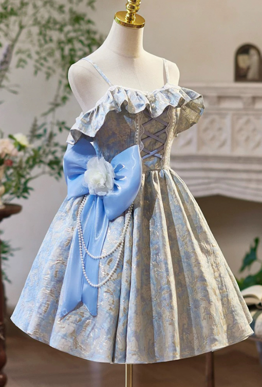 French Chic Pale Blue Floral A-line Spaghetti Straps Bow Waist Ornament Corset Mini Homecoming Dress RS509