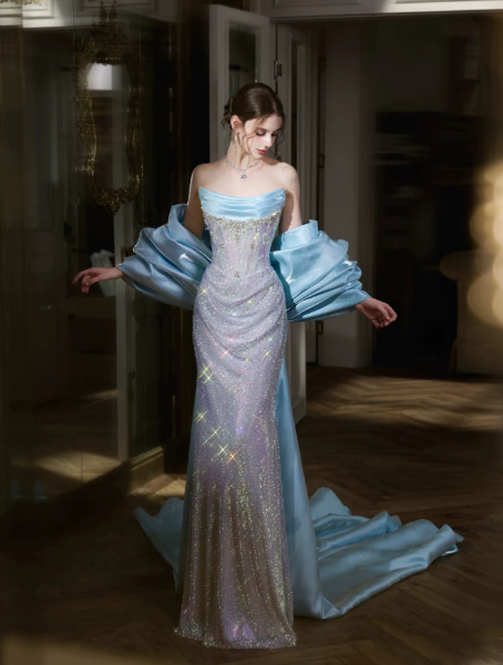 Sparkly Sequins Mermaid Prom Gown , Sliver Women's Maxi Evening Dress Ball Gown RS2726