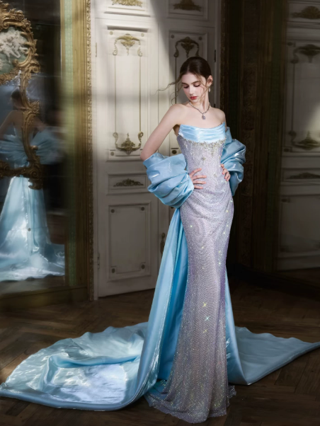 Sparkly Sequins Mermaid Prom Gown , Sliver Women's Maxi Evening Dress Ball Gown RS2726
