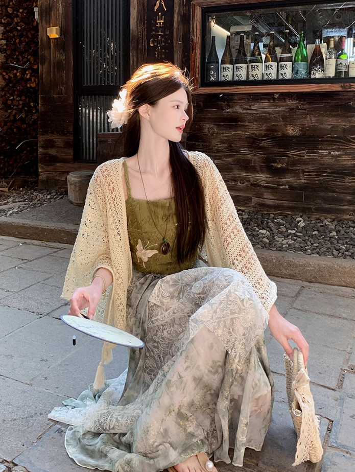 Fairy new Chinese suit butterfly embroidery sling ink dyeing skirt sweater a complete set R1747