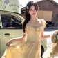 Yellow long chiffon printed small flying sleeve suspender dress summer French sweet slim skirt R4864