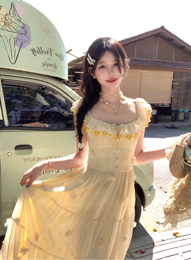 Yellow long chiffon printed small flying sleeve suspender dress summer French sweet slim skirt R4864