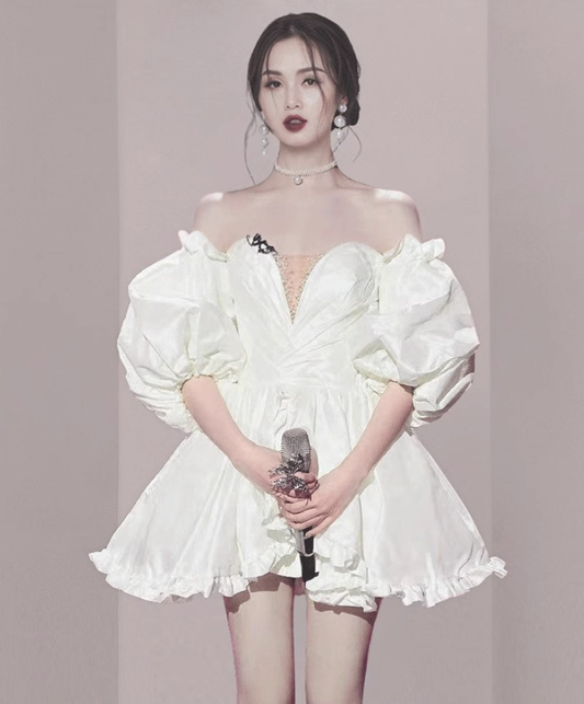 French retro one shoulder white V-neck studded bubble sleeve dress, fluffy dress, homecoming dress R2985