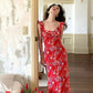 Retro red floral waist slim fit long skirt homecoming dress R3430