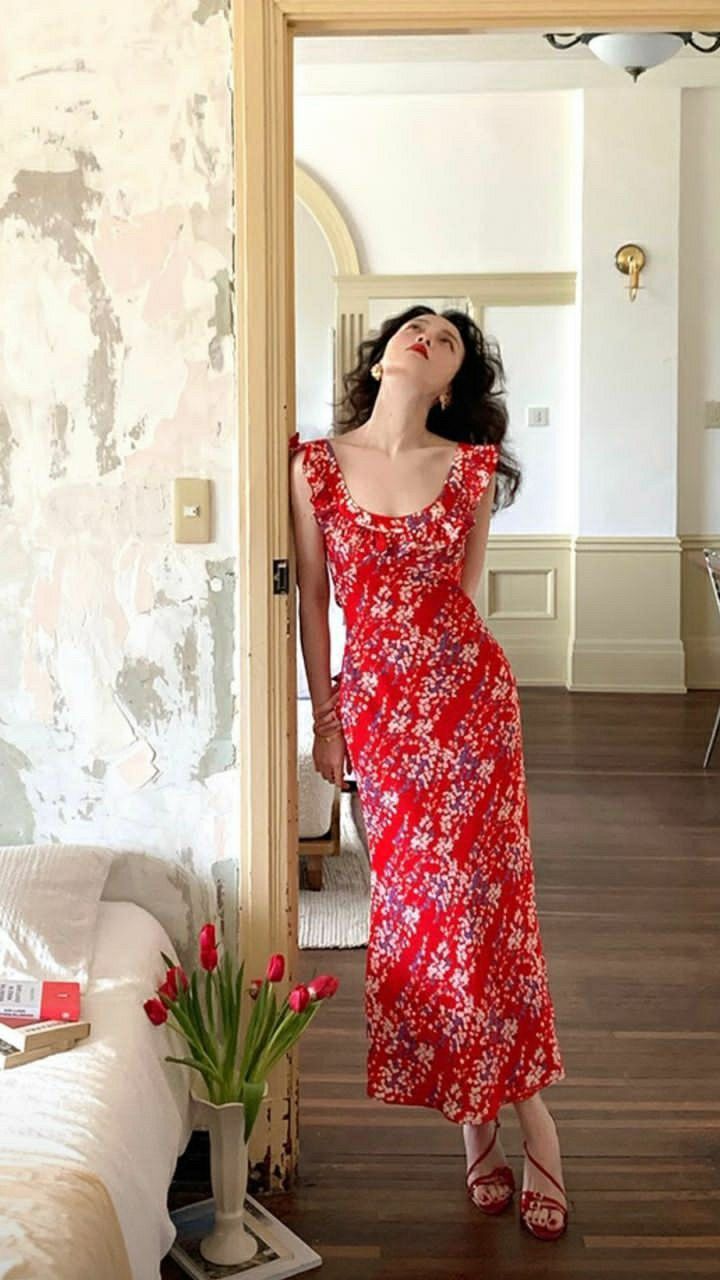 Retro red floral waist slim fit long skirt homecoming dress R3430