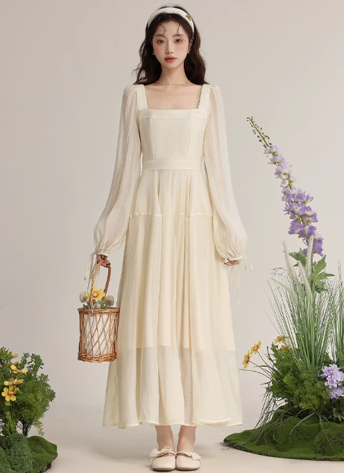 Temperament gentle style apricot long-sleeved dress spring new slim skirt R1901