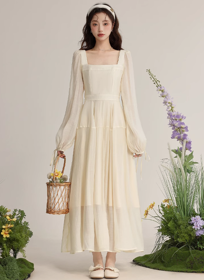 Temperament gentle style apricot long-sleeved dress spring new slim skirt R1901