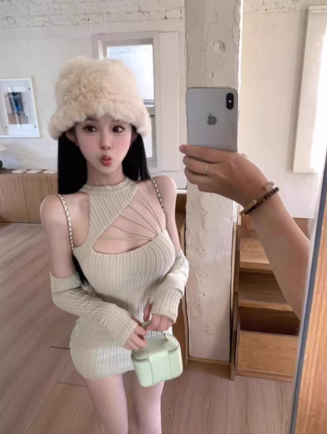 Pure desire hot girl sleeveless halter neck knitted dress 2025 hollow hip bottoming skirt R1023