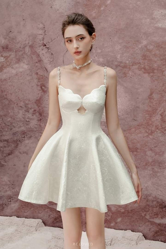 White suspender lace neckline waist slim short skirt homecoming dress R3518