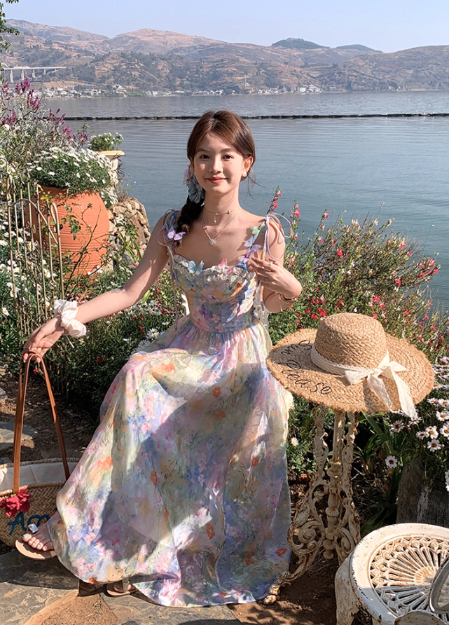 Long waist A-line suspender dress summer French retro temperament high-end skirt R4662