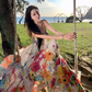 Beach long dress with flowers and floral pattern, high waist chiffon suspenders and large skirt R1628