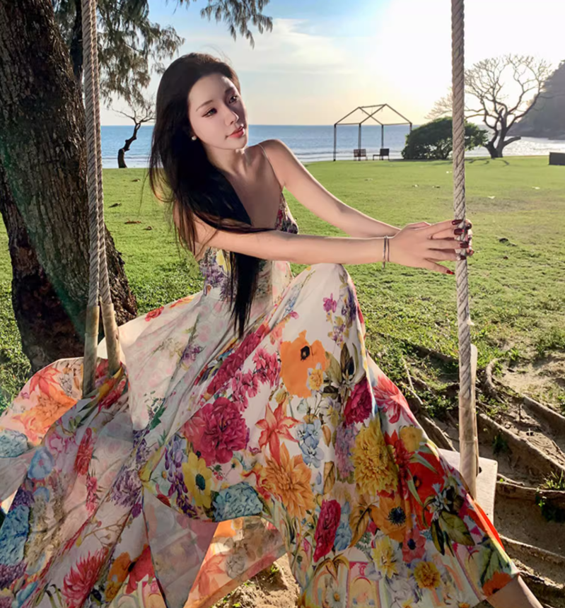 Beach long dress with flowers and floral pattern, high waist chiffon suspenders and large skirt R1628