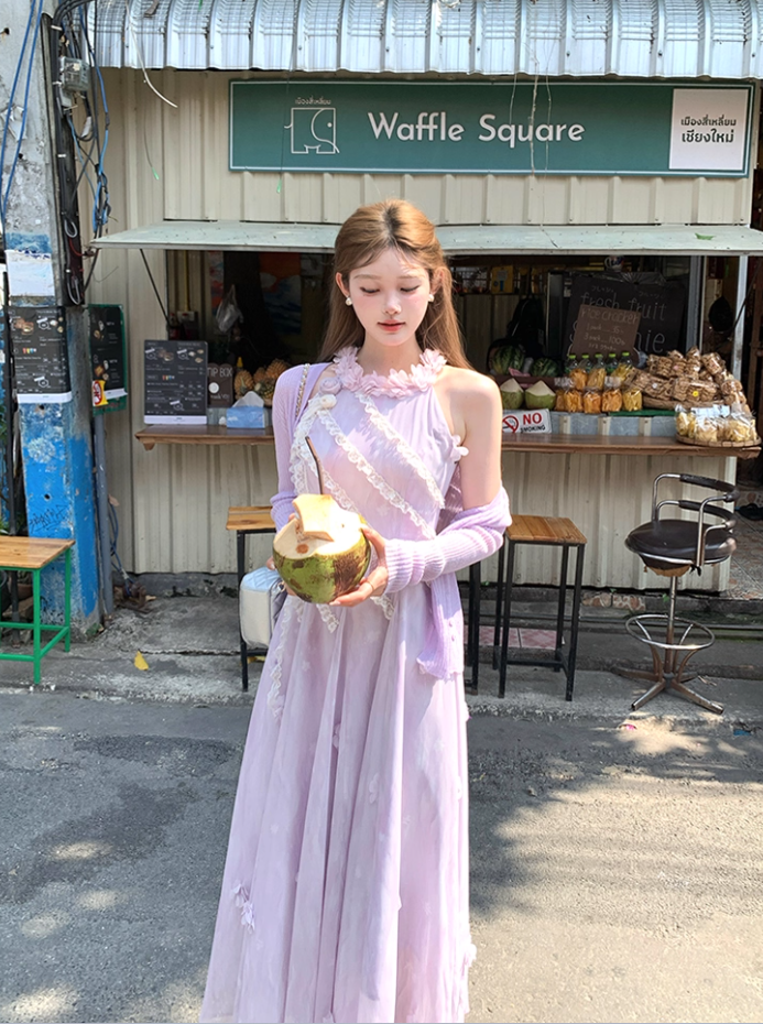 Purple long halter neck dress summer French retro slim fit temperament skirt R4623