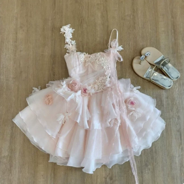 Sweet Blush Pink Homecoming Dress A-Line Spaghetti Straps Applique Corset Mini Prom Dress RS756