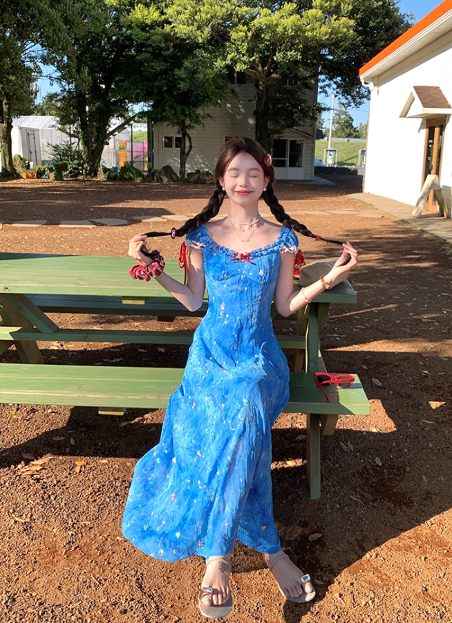 Blue tie-dye printed embroidered suspender dress summer French temperament skirt R4781