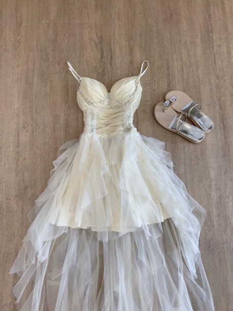 Elegant Ivory Beaded A-Line Spaghetti Straps Corset Hi-Lo Prom Dress RS755
