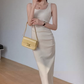 Square neck pleated slim waist suspenders long short hip-wrapped slit dress R1481